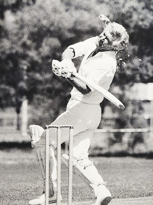 Then Prime Minister Bob Hawke coping a cricket ball to the scone.