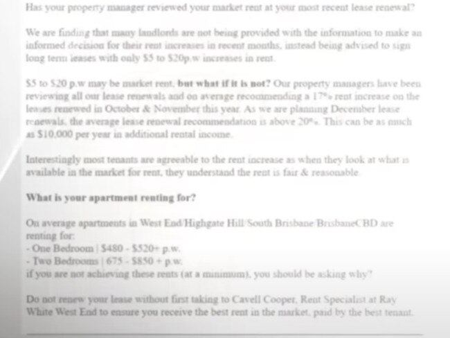 The letter was sent to landlords suggesting some could increase their rents by 20 per cent before the end of the year. Photo: 7 News