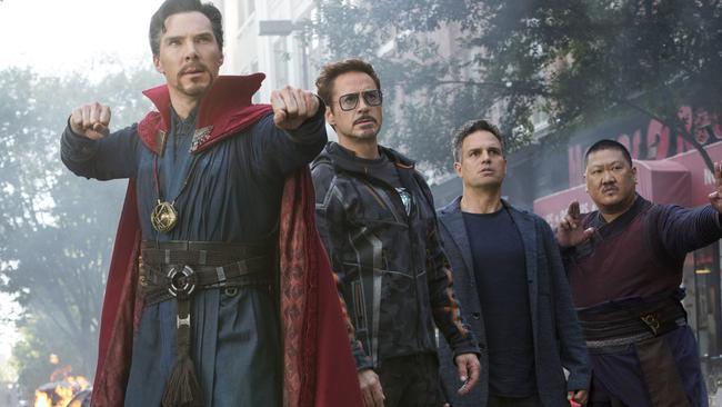 Avengers: Infinity War stars: Benedict Cumberbatch as Doctor Strange, Robert Downey Jr as Iron Man, Mark Ruffalo as Hulk and Benedict Wong as Wong. Picture: Chuck Zlotnick