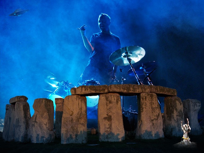 School of rock ... Stonehenge’s iconic bluestones are said to “sing”, emitting bell-like tones when struck. Like Metallica’s Lars Ulrich and his drumkit. Or not. Picture: MATT PIKE