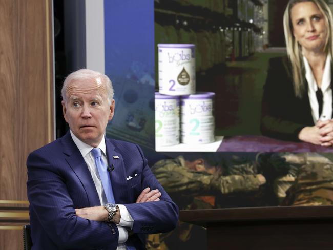 WASHINGTON, DC - JUNE 01: U.S. President Joe Biden speaks with Kristy Carr, Managing Director of Bubs Australia, during a virtual meeting with baby formula manufacturers at the Eisenhower Executive Office Building on June 01, 2022 in Washington, DC. Biden, along with other administration officials, met with executives from manufacturers including ByHeart, Bubs Australia, Reckitt, Perrigo Company and Gerber to discuss the ongoing baby formula shortage.   Kevin Dietsch/Getty Images/AFP == FOR NEWSPAPERS, INTERNET, TELCOS & TELEVISION USE ONLY ==