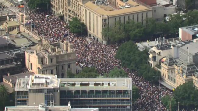 Large crowds gather outside Parliament House in Melbourne. Picture: Nine News