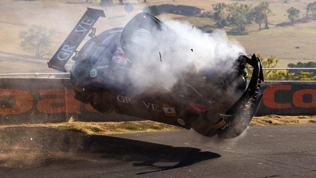 Stephen Grove crashes during the Bathurst 12 Hour at Mount Panorama on February 02, 2025 in Bathurst, Australia. Photo: by Daniel Kalisz/Getty Images