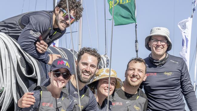 Jessica Watson and her crew from Azzurro after their arrival in Hobart today. Picture: Rolex/Kurt Arrigo.