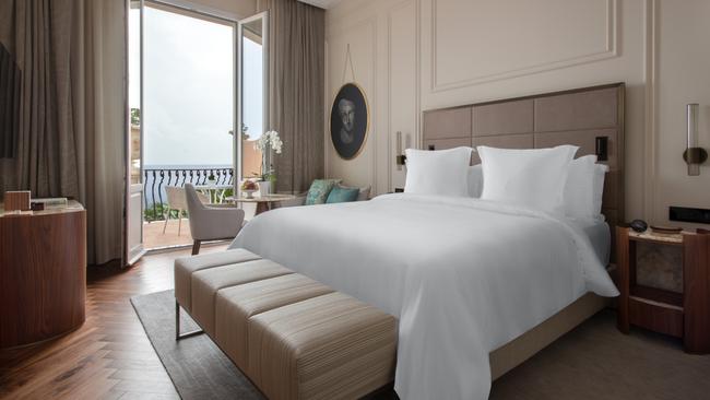 Sea-view guestroom at Four Seasons Taormina, Sicily, Italy.