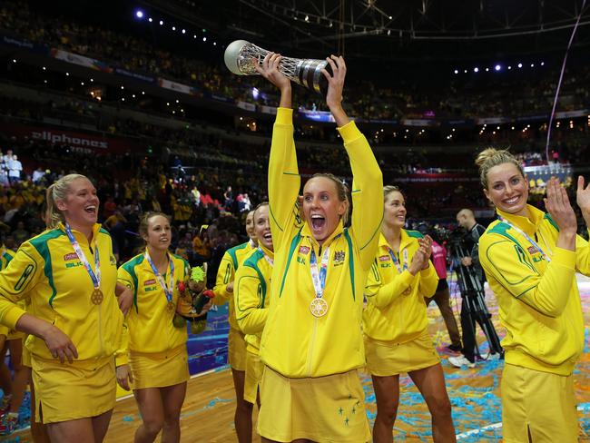 Renae Ingles celebrates Australia’s 2015 Netball World Cup win. Photo: Phil Hillyard.