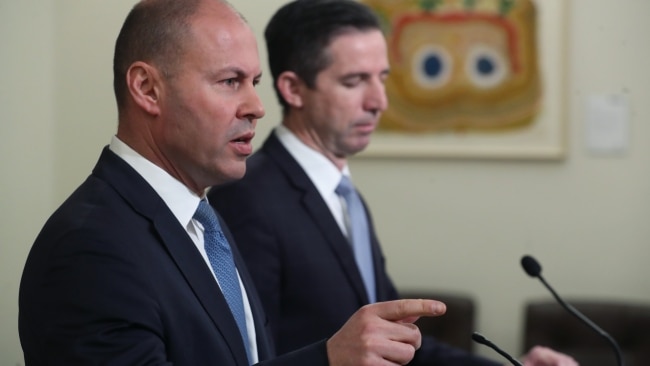 Treasurer Josh Frydenberg and Finance Minister Simon Birmingham released the Coalition's election costings at a press conference in Melbourne. Picture: NCA NewsWire / David Crosling