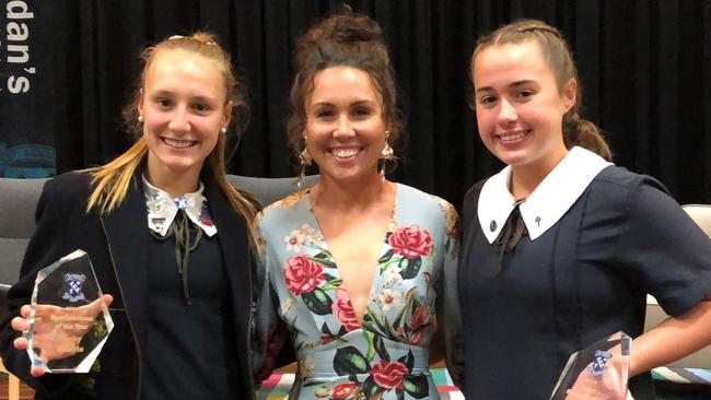 Two sporting high achievers at St Aidan's, Ruby Harris, left, and Angelina Tignani, with Chloe Esposito in 2018.