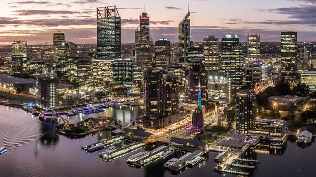 Aerial high angle drone view of Perth's CBD skyline with Elizabeth Quay in the foreground. Many mining companies are headquartered in PerthEscape 17 December 202348 Hours in - PerthPhoto: iStock