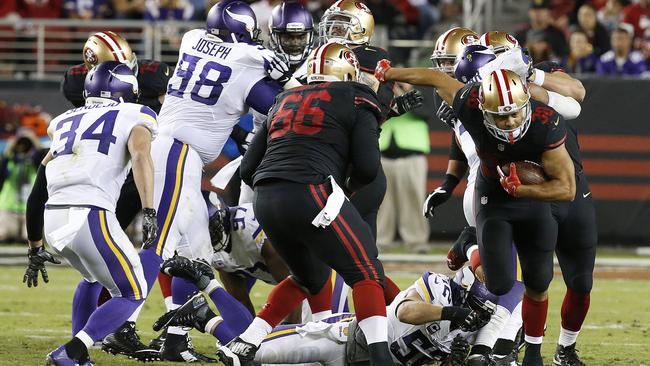 Following his fumble, Hayne managed a number of runs. Picture: AP Photo/Tony Avelar