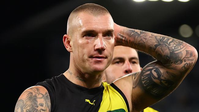 GEELONG, AUSTRALIA - JUNE 01: Dustin Martin of the Tigers looks dejected following the round 12 AFL match between Geelong Cats and Richmond Tigers at GMHBA Stadium on June 01, 2024 in Geelong, Australia. (Photo by Graham Denholm/Getty Images)