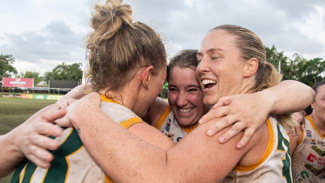 PINT celebrate their win in the 2023-24 NTFL Women's Grand Final between against St Mary's. Picture: Pema Tamang Pakhrin