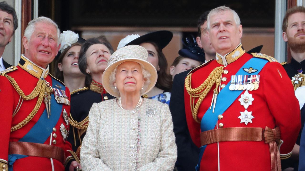Prince Charles, Prince of Wales, Princess Beatrice, Princess Anne, Princess Royal, Queen Elizabeth II, Prince Andrew, Duke of York and Prince Harry, Duke of Sussex during Trooping The Colour, the Queen's annual birthday parade.
