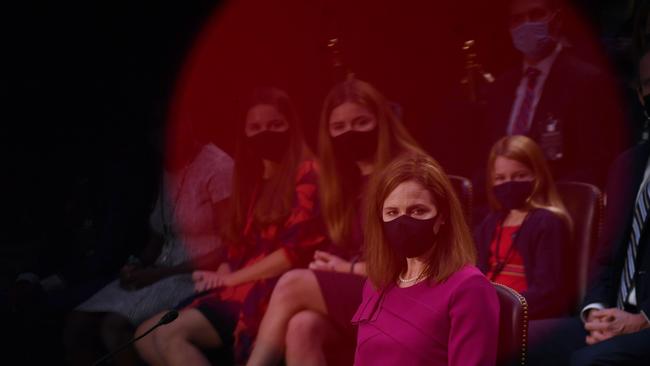 Amy Coney Barrett looks on during her confirmation hearing. Picture: AFP