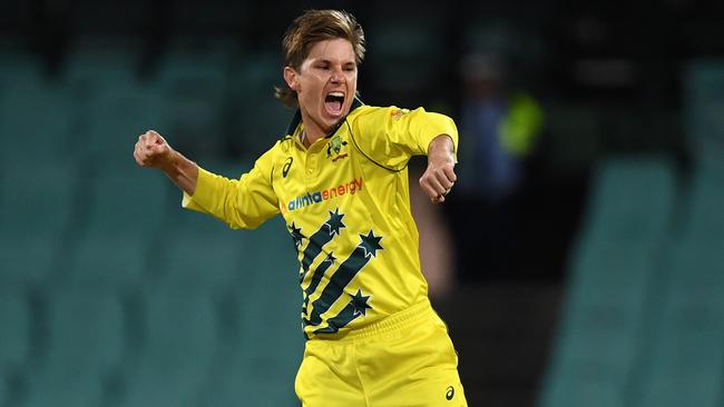 Australia's Adam Zampa celebrates taking the wicket from Kane Williamson of New Zealand during the ODI between Australia and New Zealand at the SCG in Sydney on March 13, 2020. Picture: AAP Image/Dean Lewins