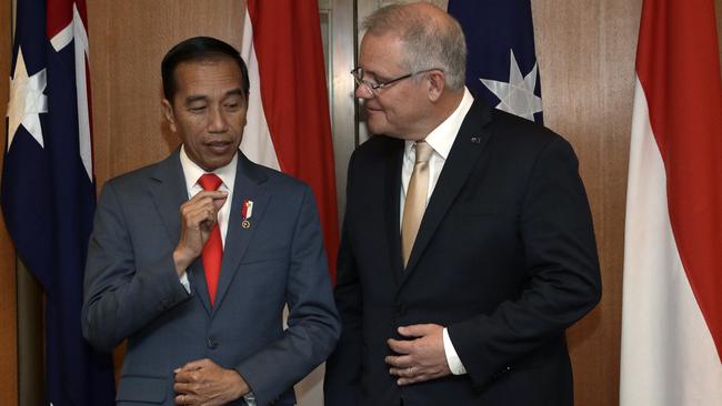 Indonesian President Joko Widodo and Prime Minister Scott Morrison at Parliament House in Canberra in February. Picture: Getty Images