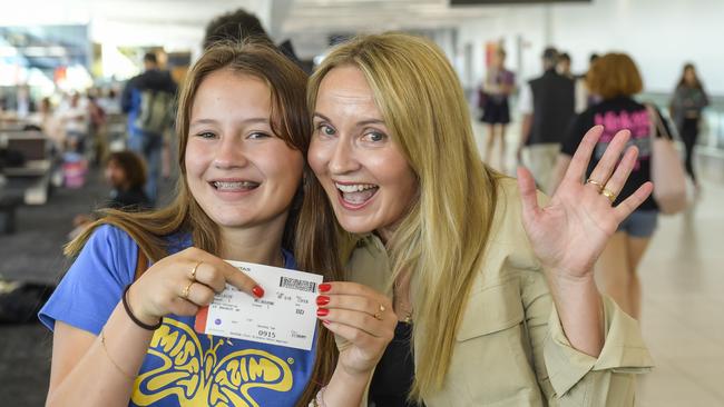 Dedicated Swifties Sibeal Hopkins, 15, and her mother Fidelma, 40, jetted off to Melbourne on Thursday for the Eras Tour. Picture: Roy VanDerVegt