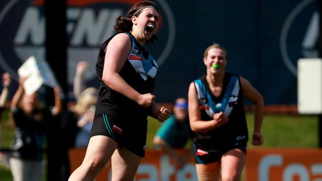 Megan Girolami celebrates a goal for St Mary’s. Picture: Hamish Blair