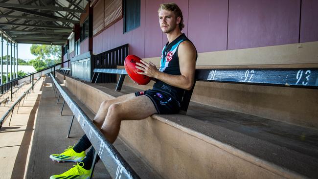 Jason Horne-Francis in his training boots at Alberton Oval. Picture Mark Brake