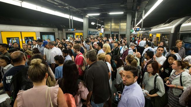 A crowded platform at Town Hall Station, Sydney, on 25th January 2018. Picture: Julian Andrews