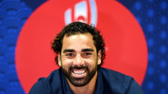 France's left wing Yoann Huget smiles at a press conference at the Fuji Hokuroku Park in Fujiyoshida on September 10, 2019, where the French squad will train ahead of the Japan 2019 Rugby World Cup which begins on September 20. (Photo by FRANCK FIFE / AFP)