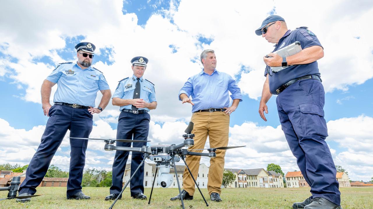 Inspector Daniel Bust, Acting Deputy Commissioner Mark Wheeler, Police Minister Mark Ryan and Chief Remote Pilot Sgt Mark Gamer. Picure: Richard Walker