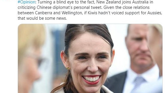 NZ Prime Minister Jacinda Ardern caught in the crossfire, mentioned in a Global Times editorial.