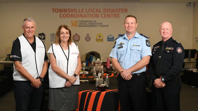 Council emergency management team manager Wayne Preedy, Townsville Mayor Jenny Hill, Acting Superintendent Townsville Police Dean Cavanagh, and Superintendent QFES Kevin Anderson at The Local Disaster Coordination Centre. Picture: Shae Beplate.