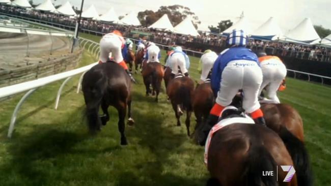 Footage taken from cameras mounted on jockeys’ helmets have become part of major raceday television broadcasts. Picture: Channel 7