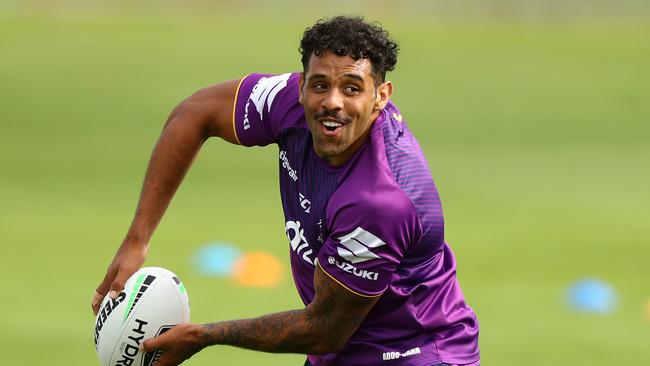 Josh Addo-Carr back at training with the Storm in Albury after his controversial trip to Latrell Mitchell’s farm. Picture: Getty Images.