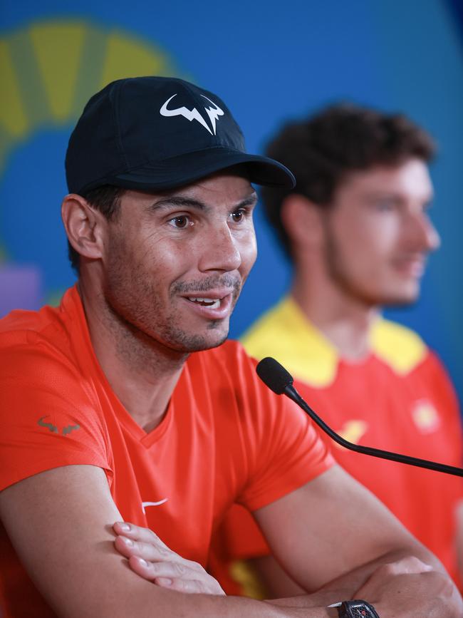 Rafael Nadal at a Spanish team press conference at Sydney Olympic Park. Picture: Justin Lloyd.