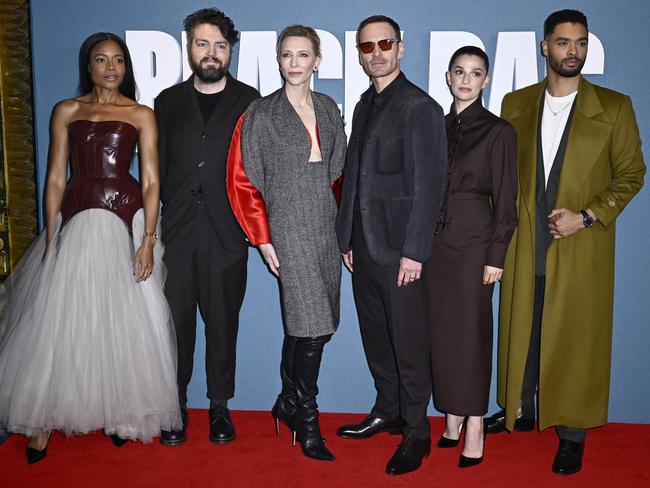 Naomie Harris, Tom Burke, Cate Blanchett, Michael Fassbender, Marisa Abela and Rege-Jean Page at the UK launch of Black Bag. Picture: Gareth Cattermole/Getty Images