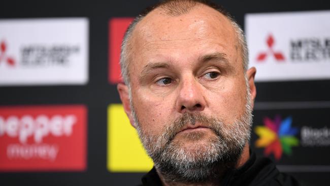 Western Sydney Wanderers caretaker head coach Jean Paul de Marigny speaks to the media following a Wanderers FC training session in Sydney, Monday, January 20, 2020. (AAP Image/Joel Carrett) NO ARCHIVING