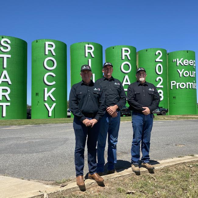 Grantley Jack, Jason Thomasson and Jack Trenaman from the Start Rockhampton Ring Road group in front of the newly painted silos at Parkhurst.