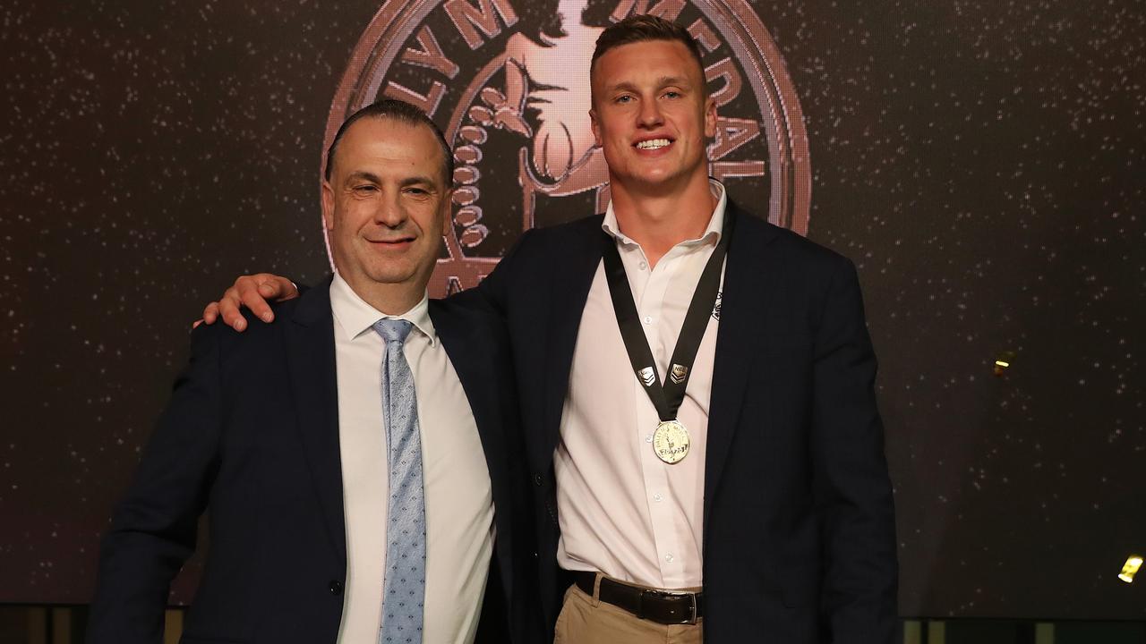 Winner of the Dally M Award Canberra's Jack Wighton with Peter V'landys.