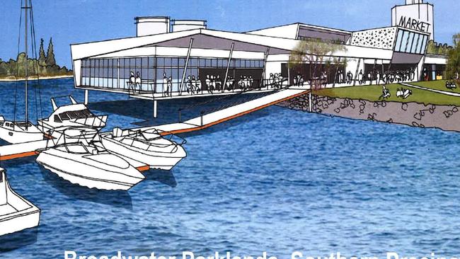 Artist impressions of a proposed ferry terminal at the southern end of the Broadwater Parklands — Images supplied by City of Gold Coast Council