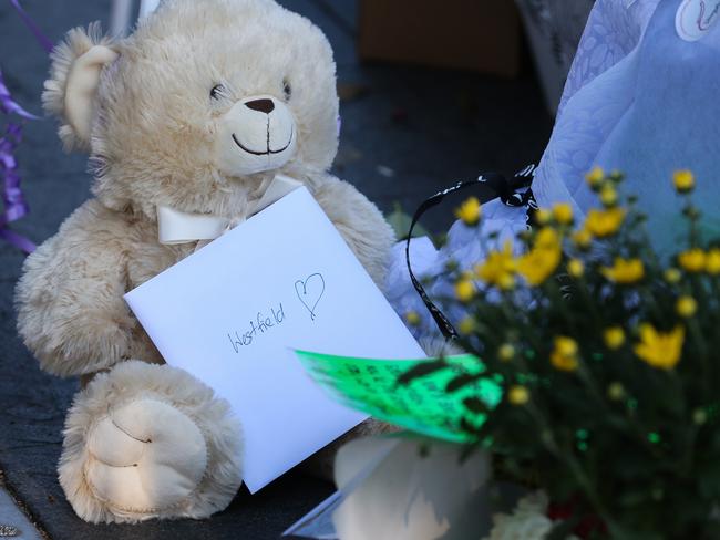 A teddy bear is left alongside floral tributes. Picture: Gaye Gerard/NCA Newswire