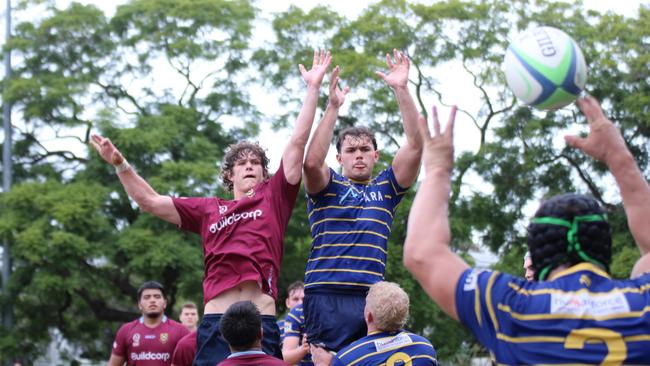 Barney Radel and Tane Heteraka. Club rugby action between Easts and University at Bottomley Park on Saturday May 4, 2024.