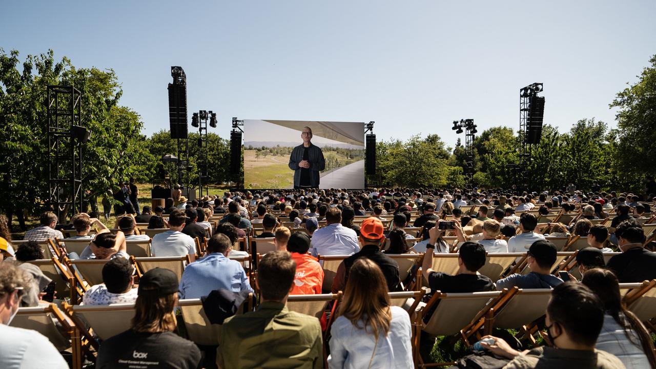 Apple developers listen to the keynote speech at the 2022 Apple Worldwide Developers Conference at the Apple Park campus in Cupertino, California. Picture: Chris Tuite / AFP