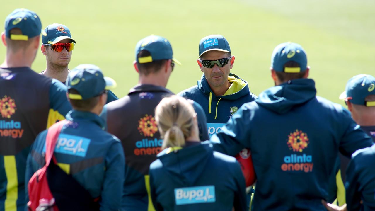 Coach Justin Langer address the Australian cricket team. Picture: AAP/Kelly Barnes