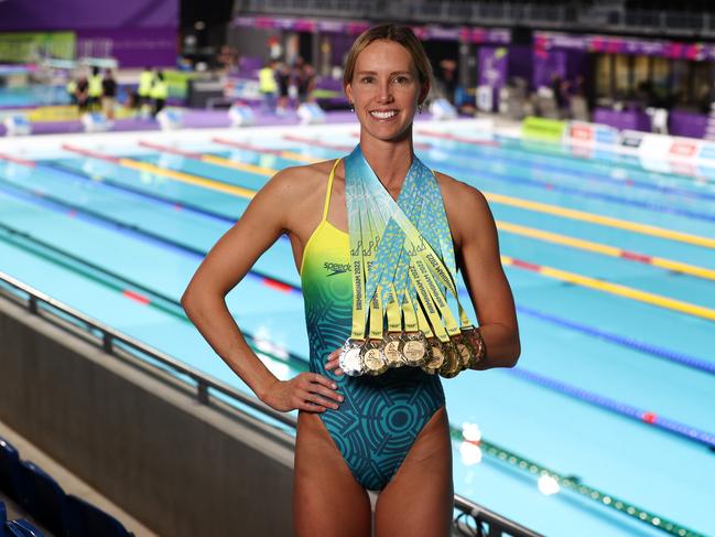 Australian swimmer Emma McKeon with her 8 medals from the Commonwealth Games. Picture: Michael Klein