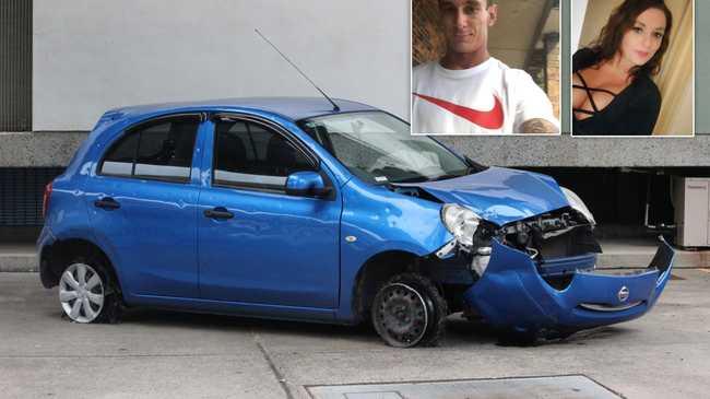 IN COURT: Tweed Heads pair Patricia Michele Stacey and Hoby Stephen John Fields (inset) and the car they were allegedly driving at the time it hit police road spikes following a pursuit at Grafton.