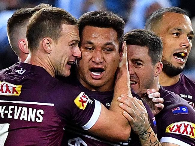 Josh Papalii of the Maroons celebrates his try during Game 3 of the 2019 State of Origin series between the New South Wales Blues and the Queensland Maroons at ANZ Stadium in Sydney, Wednesday, July 10, 2019. (AAP Image/Dean Lewins) NO ARCHIVING, EDITORIAL USE ONLY