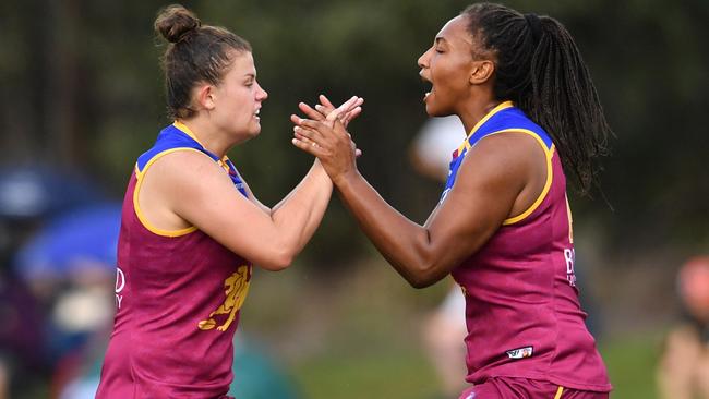 Sabrina Frederick-Traub (right) has had a brilliant season for the Lions. Picture: AAP Images