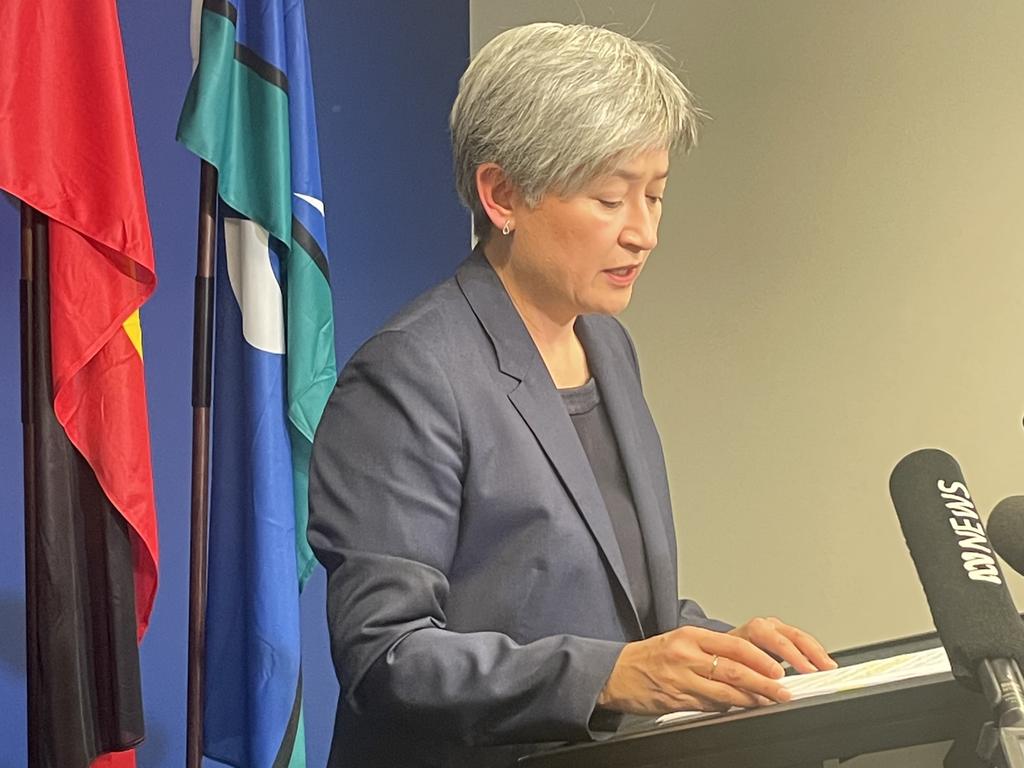 Penny Wong speaks to the media regarding flights to evacuate people out of the region. Picture: Rahul Dhakan