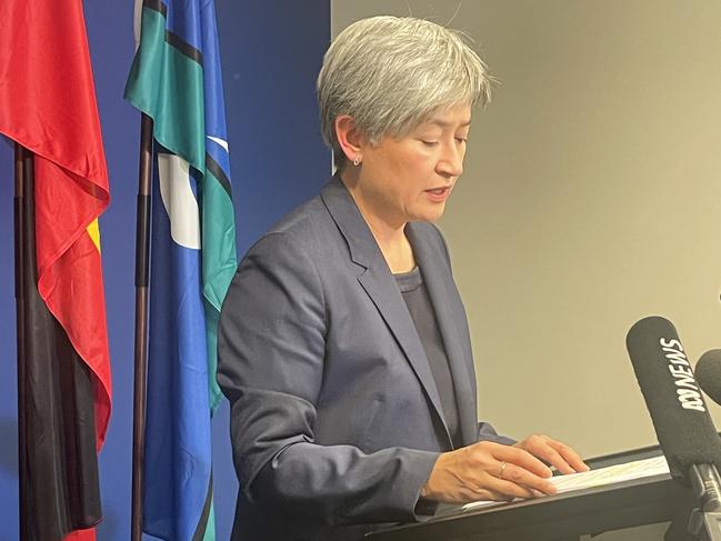 Penny Wong speaks to the media regarding flights to evacuate people out of the region. Picture: Rahul Dhakan