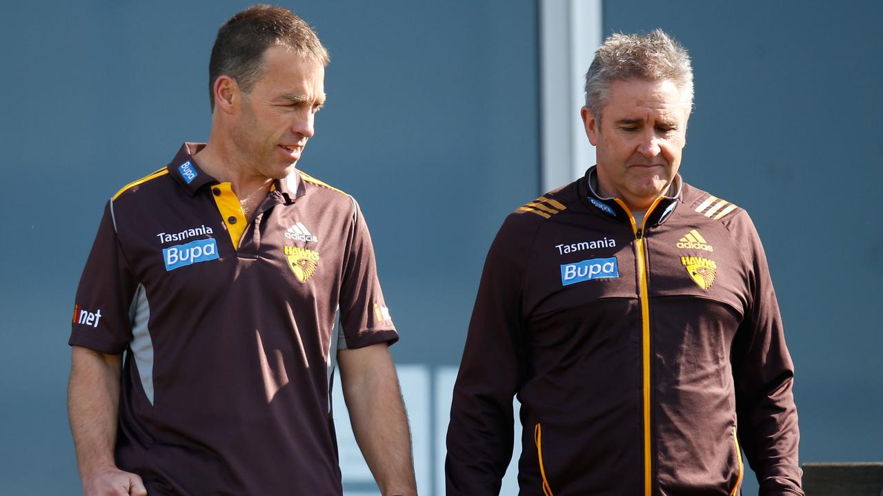 Alastair Clarkson, Hawthorn (left) and Chris Fagan look on during the Hawthorn Hawks training session at the Ricoh Centre, Melbourne on September 04, 2014. (Photo: Michael Willson/AFL Media)