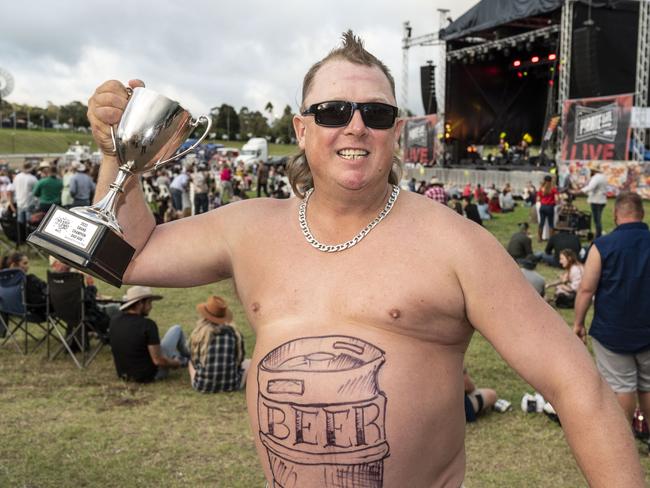 Winner of the Best Dad Bod competition is Matt Jones from Hervey Bay. Meatstock, Toowoomba Showgrounds. Saturday, April 9, 2022. Picture: Nev Madsen.