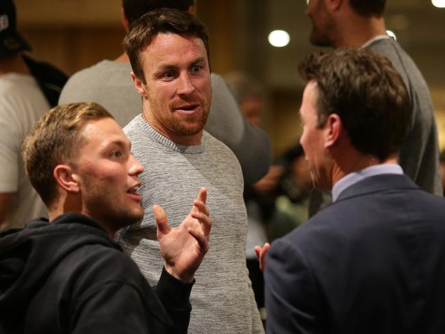 Matt Moylan and James Maloney arrive for a CBA player meeting. Picture: Brett Costello