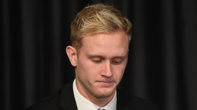 Jaidyn Stephenson of the Magpies after being banned for 10 matches for betting on Collingwood games. Picture: AAP Image/Julian Smith